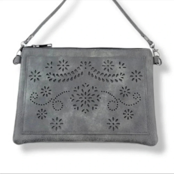 Boho Laser Cut Crossbody Bag | Vegan Leather Floral Shoulder Purse - Picture 4 of 5